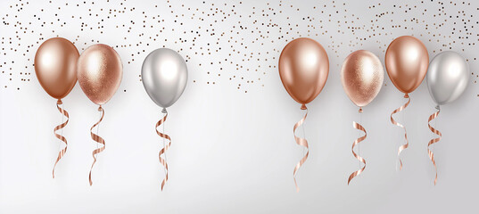 Rose gold and silver balloons with confetti on white background, elegant celebration decor, festive party concept, minimalistic balloon design, luxury event decorations, metallic balloon decor