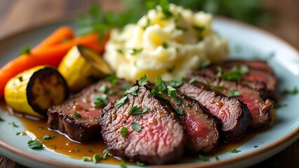 A plate of meat with a side of mashed potatoes and vegetables. The meat is cooked and seasoned perfectly, and the vegetables are roasted.