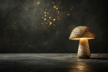 Single glowing mushroom on a dark textured background. Magical and mysterious atmosphere, space for text.