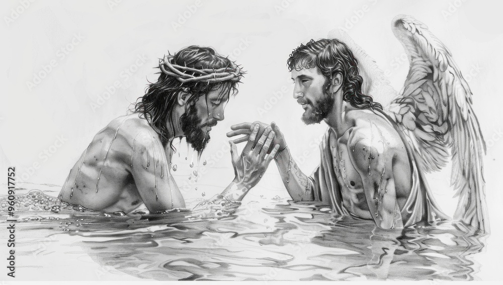 Black and white illustration showing Jesus being baptized by John the ...