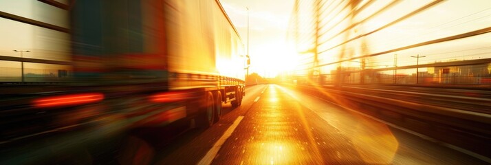 Wall Mural - Truck speeding over a bridge during sunset, creating a motion blur effect.