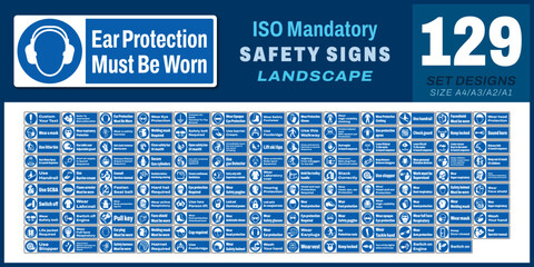 129 set ISO mandatory safety signs v2 ear protection must be worn landscape size 1/2 a4,a3,a2,a1	
