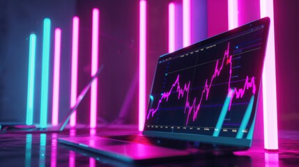 Poster - Laptop with Stock Market Graph and Neon Lights
