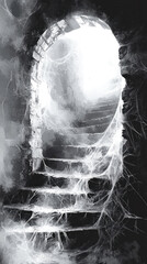 Poster - A dark and narrow staircase leading to a dark and narrow tunnel. The staircase is covered in spider webs