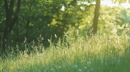 Wall Mural - Green Grass Meadow with Sunlight and Bokeh Background