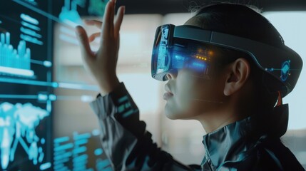 Poster - Woman Wearing VR Headset Interacts with Digital Interface