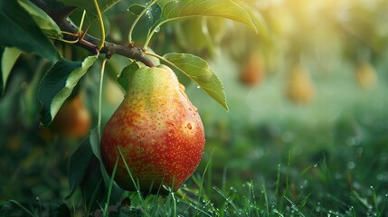 Wall Mural - A ripe pear with dew drops hanging from a tree branch in a lush green orchard with sunlight streaming through the leaves.