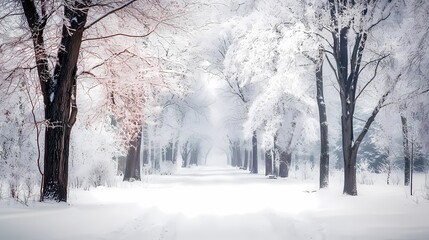 serene winter landscape with snow-covered trees lining a peaceful pathway.