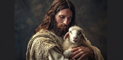 jesus christ portrayed with compassion, holding a small lamb in his arms, symbolizing care and kindn