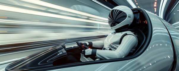 Futuristic Robot Driving High-Speed Vehicle in a Sci-Fi Cityscape with Blurred Motion Effects