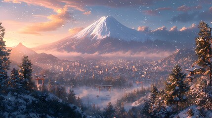 Majestic snow-capped mountain overlooking a serene winter cityscape at dusk.