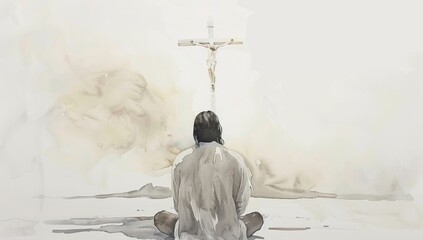 Wall Mural - Minimalistic watercolor painting of Jesus sitting contemplatively before the cross, set against a soft, dreamy background.