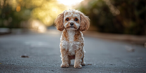 A light brown dog with white fur on its chest and paws stands upright in the street, generative AI