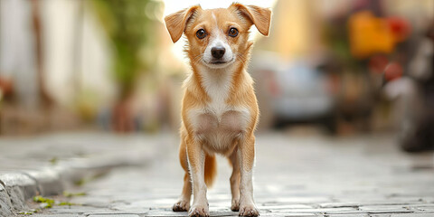 A light brown dog with white fur on its chest and paws stands upright in the street, generative AI