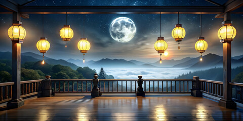 Wall Mural - Serene Moonlit Balcony Decorated with Lanterns for Mid Autumn Festival Celebration - Capturing the Tranquil Beauty of a Glossy Balcony with Full Moon Glowing Above, Perfect for Reflective and Peaceful