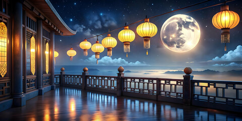 Wall Mural - Moonlit Balcony with Lanterns: Tranquil Scene for Mid Autumn Festival Celebration Featuring a Glossy Surface and Full Moon - Wide Shot for Peaceful Reflection