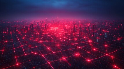 Wall Mural - A futuristic cityscape with red glowing lines representing digital network connections.