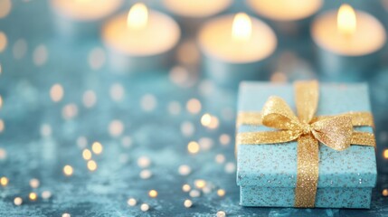 Wall Mural - A blue gift box tied with a golden ribbon sits elegantly among glowing candles, creating a warm and inviting atmosphere