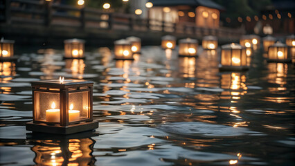 Wall Mural - Glossy River Background with Floating Lanterns: Serene Mid Autumn Festival Scene at Twilight with Soft Rippling Water - Wide Shot Focus on River