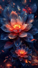 Wall Mural - Vibrant Digital Artwork of Glowing Flowers with Dark Background and Sparkling Effects