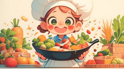 Cute cartoon chef holding a pan full of fresh vegetables.