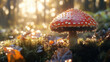 © Chatchanan - A stunning photorealistic mushroom with water droplets, backlit by morning sunlight