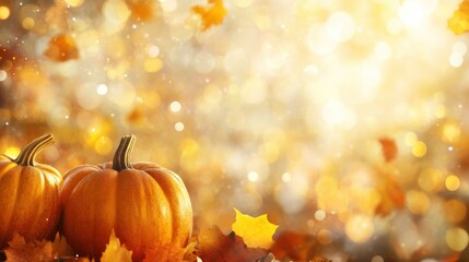 Sticker - Bright orange pumpkins rest on a surface surrounded by warm bokeh lights and autumn leaves, creating a festive atmosphere