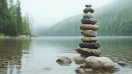 Wall Mural - A carefully arranged stack of stones stands majestically in a tranquil lake, reflecting nature's calmness in the early morning light