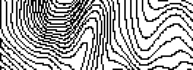 Poster - Dithered wavy curved line texture. Black pixel glitch background. Digitalized distorted backdrop for banner, poster, flyer, brochure, booklet. Abstract rasterized stripes overlay wallpaper. Vector