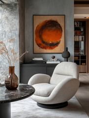 A black oval dining table with books and vases on it, in front of the wall is an abstract painting hanging above it. There is a carpet under them, and a gray stool next to the table. The interior desi