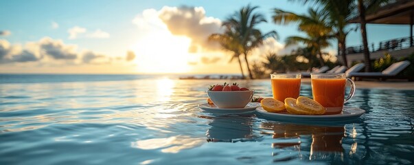 Two glasses of juice with fruit on a plate floating in an infinity pool at sunset.