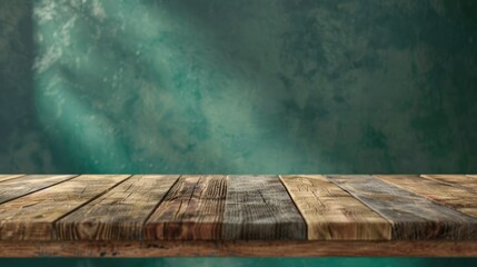 Poster - Wooden table on green background for product display.