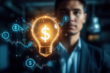 Wall Mural - Close-up of businessman behind glowing light bulb icon with dollar sign, rising financial graph, representing smart investment growth, detailed realism