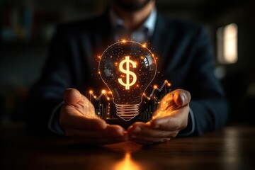 Wall Mural - Close-up of businessman behind glowing light bulb icon with dollar sign, rising financial graph, representing smart investment growth, detailed realism