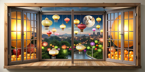 Wall Mural - Mid Autumn Festival Celebration: Lanterns and Decorations Through Glossy Window, Side Shot Capture from Inside Adding Depth to Scene