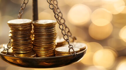 A close-up of a balanced scale, with one side holding a pile of gold coins and the other side holding a stack of diverse currency notes. The background features a blurred office environment