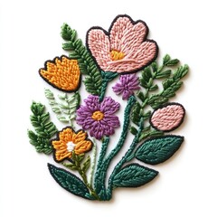 a colorful floral bouquet, stitched with pink, orange, yellow, and purple thread, set against a whit