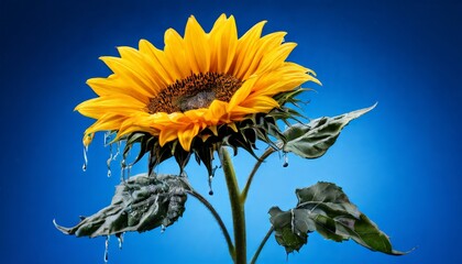 A stunning sunflower, with fresh water droplets on its petals, stands out against a vivid blue background. The image captures the beauty of nature and freshness, making it ideal for themes of growth