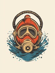 vintage illustration of a scuba diving helmet emerging from the water.