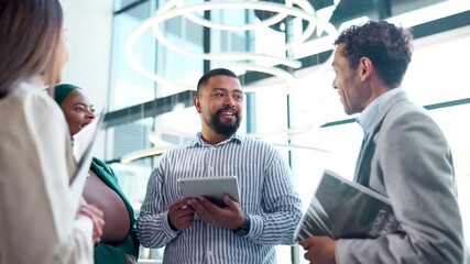 Wall Mural - Diversity, laughing and tablet with business people in office together for collaboration or discussion. Administration, funny or meeting with man and woman employee team in corporate workplace