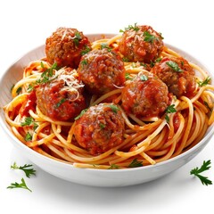 Canvas Print - Italian meatballs and spaghetti noodles in a bowl, accompanied by fresh parsley.