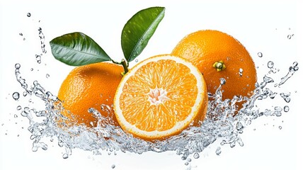 A splash of water surrounds three oranges, one of which is cut in half