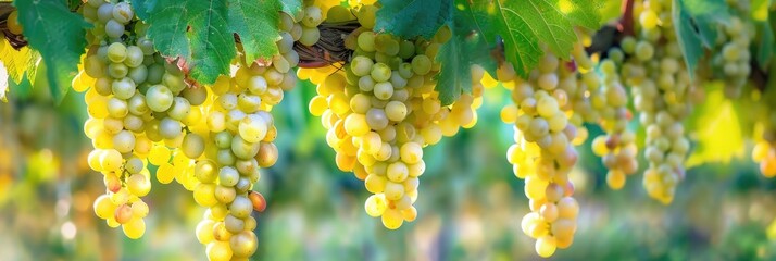 Canvas Print - Bunch of white grapes with green leaves hanging from the vine in a vineyard