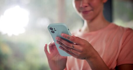 Canvas Print - Happy woman, hands and typing with phone for health tips, fitness or online workout at home. Closeup, female person or smile with mobile smartphone for research, browsing or exercise app at house