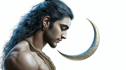 Canvas Print - A man with long hair is holding a crescent moon