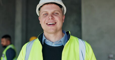 Poster - Man, face and builder with smile for construction, industrial ambition and building renovation of development. Happy, male architect and site inspection with maintenance for infrastructure project
