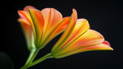 A close up of two orange flowers with green stems