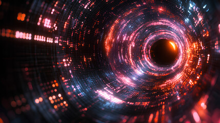 Poster - Pink light trails form a swirling tunnel with a black center, surrounded by digital binary code