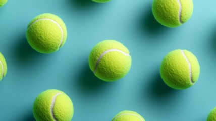 Wall Mural - A bunch of tennis balls are scattered on a blue background