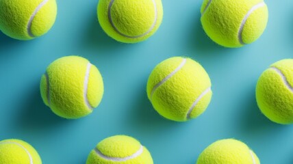 Wall Mural - A row of tennis balls are arranged in a pattern on a blue background